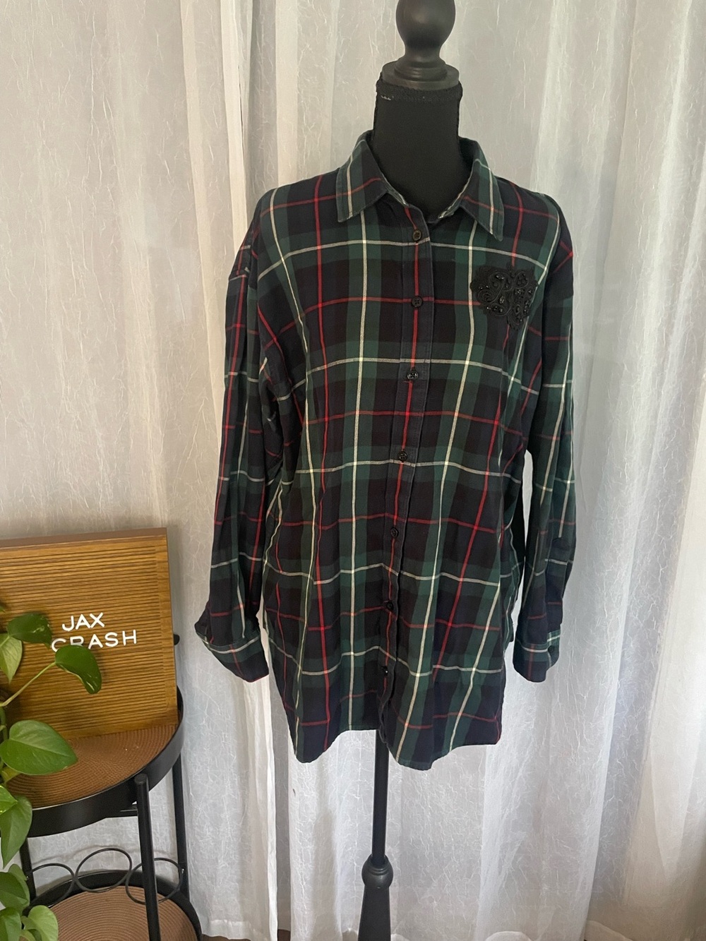 Lauren Ralph Lauren Black and Dark Green Plaid Button-Down Shirt
